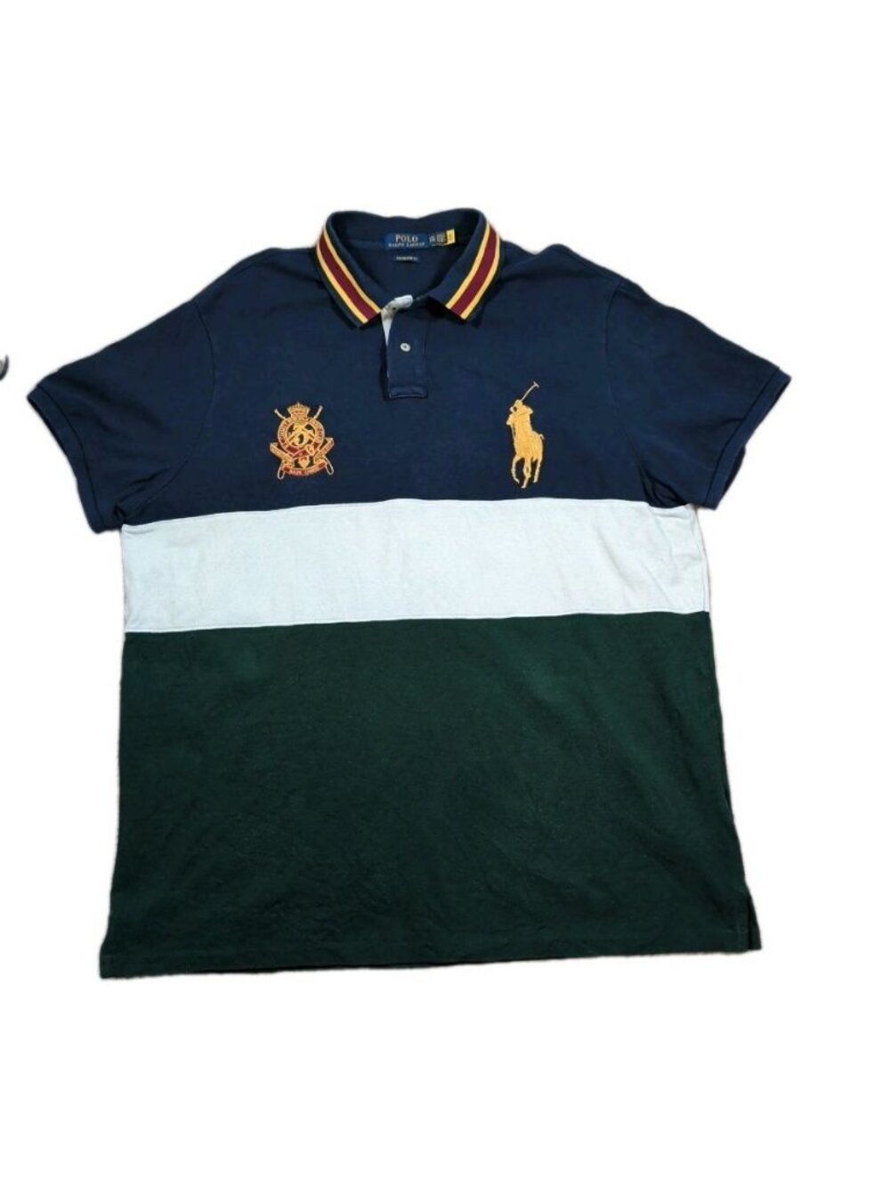 Polo Ralph Lauren Polo Shirt Big Pony Gold Crest Color Block XXL Blue Green Slim